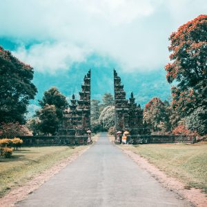 Asphalt Road Near Black Concrete Arch Gate Beside Trees